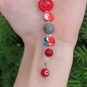 Red Evil Eye Peace Sign Keychain - Handmade